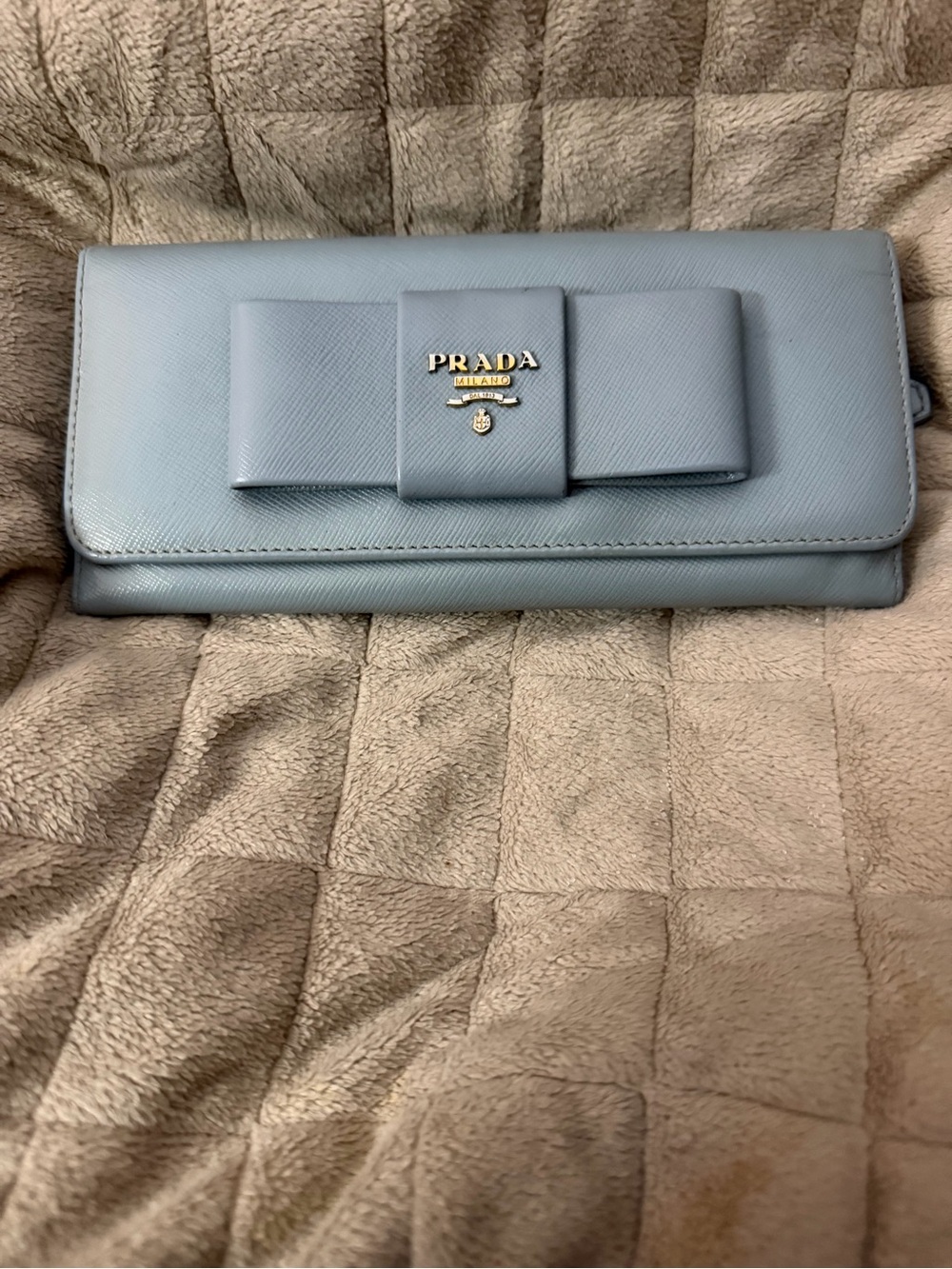 Prada Pale Blue Saffiano Leather Bow Continental Long Wallet
